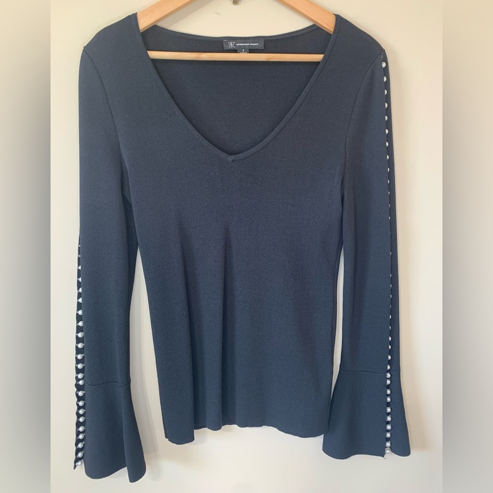 INC‎ International Concepts Women's Black Pearl Trim Pullover Blouse Size S